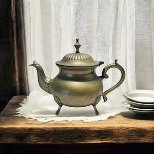 Rare VNTG Footed Ornate Teapot with Handle EPNS Solid Brass Tea Kettle Decor